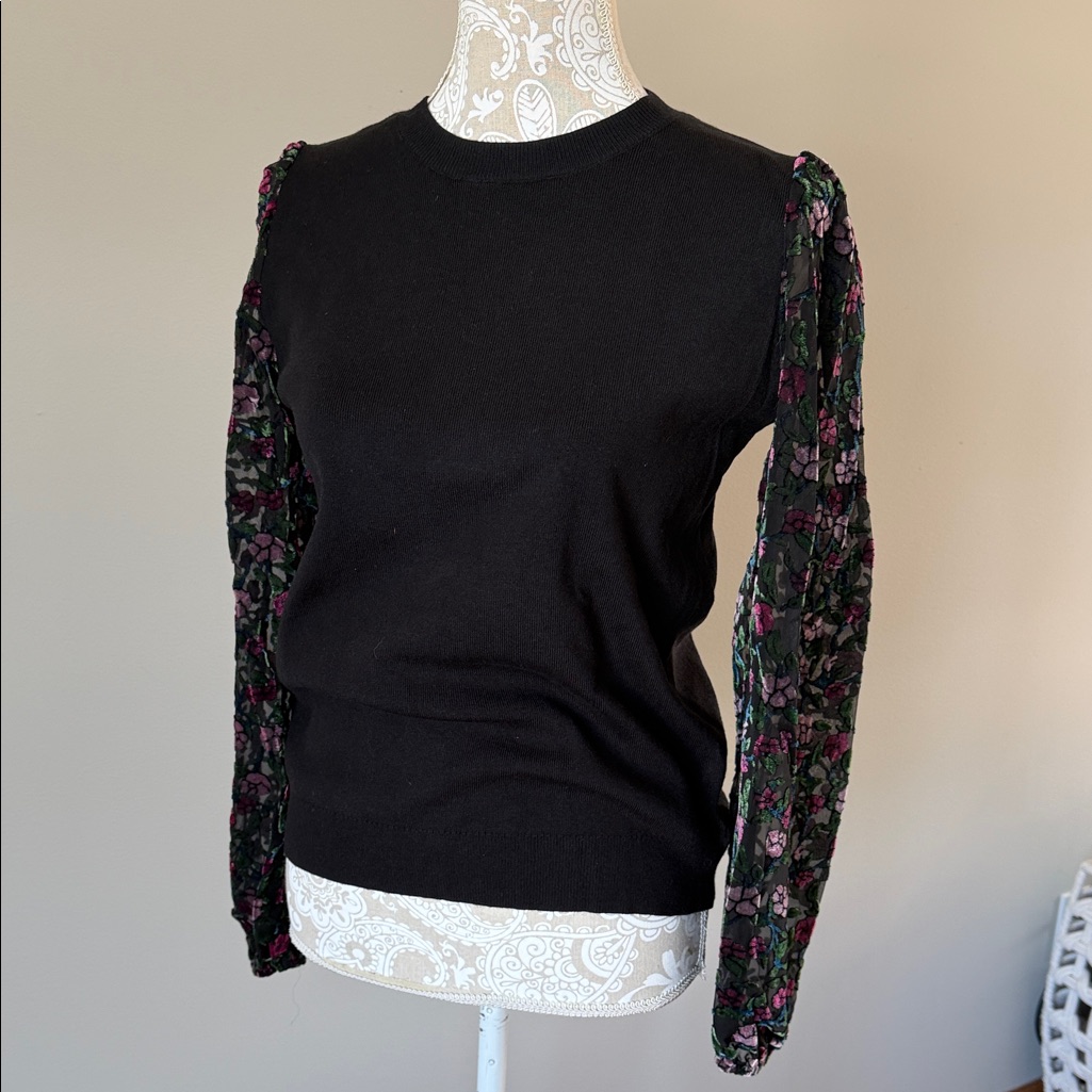 Black Sweater With Floral Burnout Sheer Sleeves